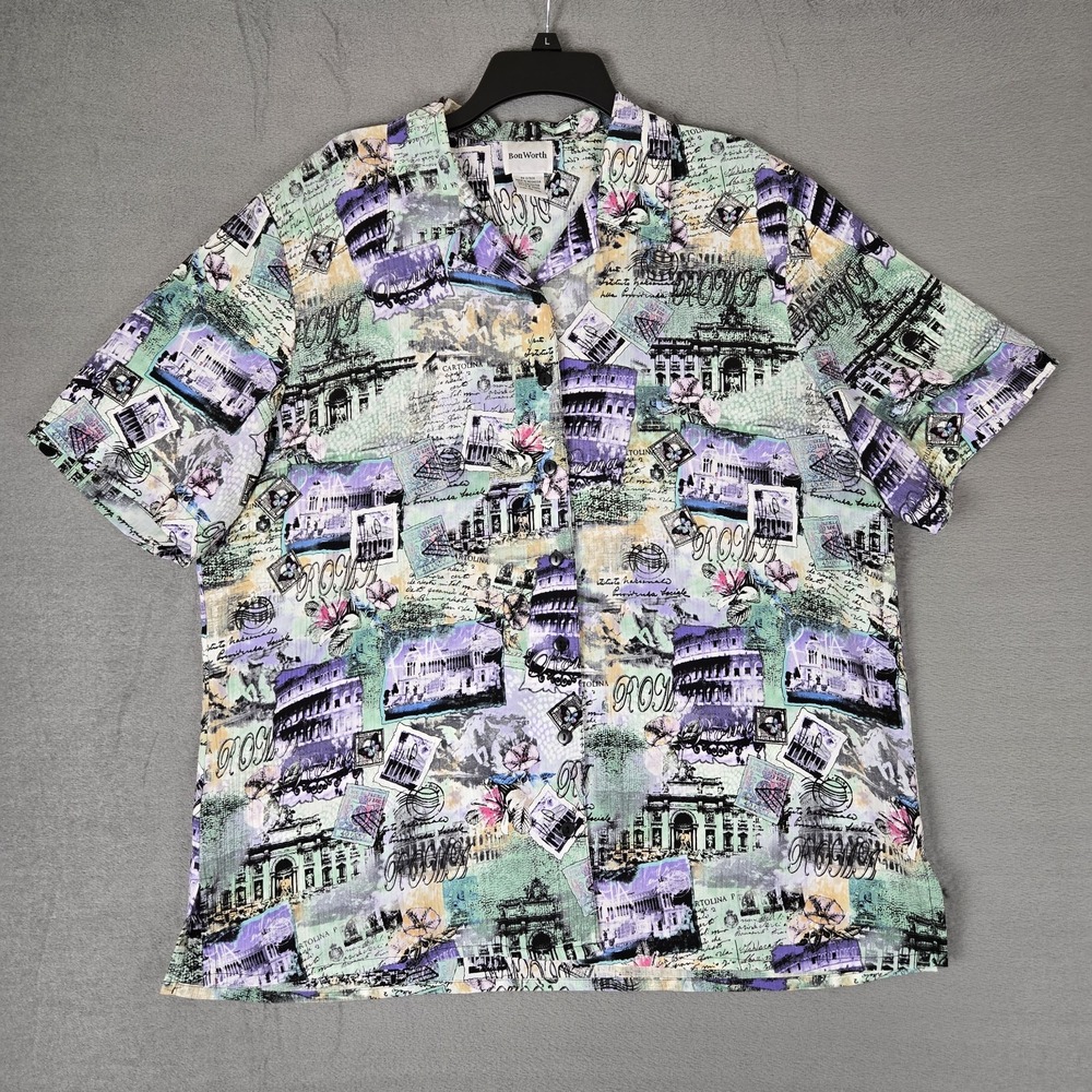 Bon Worth Vintage Roma Print Button Front Shirt Mens Large Hawaiian Tourist
